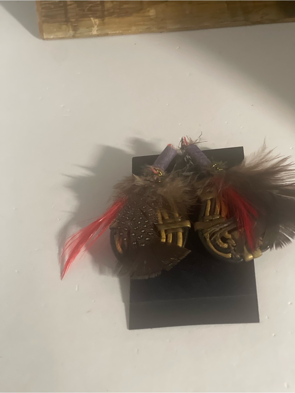 Feather and Brass Statement pierced Earrings - Brown with Red Accents